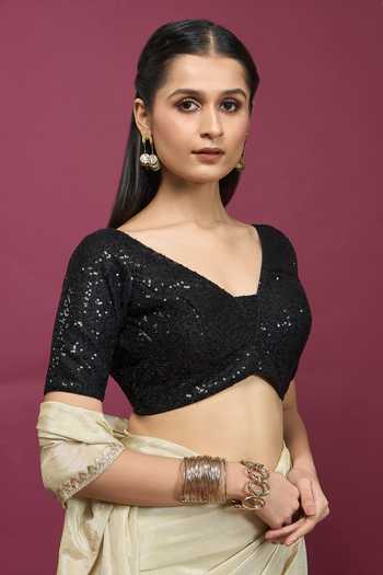 Buy_Khwaab By Sanjana Lakhani_Black Polyester V-neck Sequin Embroidered Blouse _Online_at_Aza_Fashions