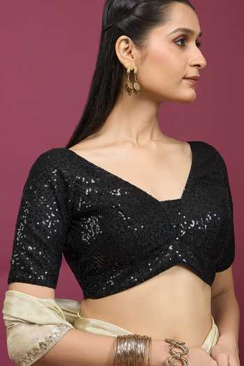 Shop_Khwaab By Sanjana Lakhani_Black Polyester V-neck Sequin Embroidered Blouse _Online_at_Aza_Fashions