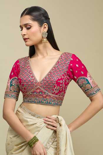 Buy_Khwaab By Sanjana Lakhani_Pink Silk Plunge Neck Embroidered Blouse _Online_at_Aza_Fashions