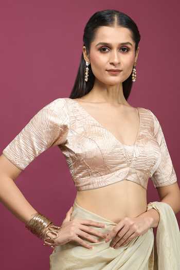 Buy_Khwaab By Sanjana Lakhani_Gold Polyester V-neck Back Tie-up Textured Blouse _Online_at_Aza_Fashions
