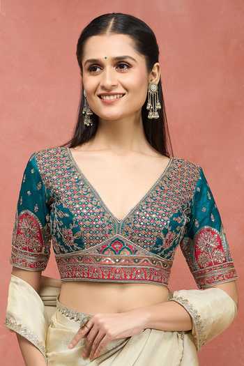 Khwaab By Sanjana Lakhani_Green Silk V-neck Embroidered Blouse _Online_at_Aza_Fashions