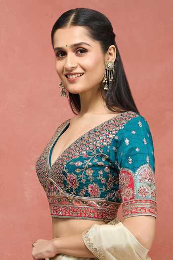 Buy_Khwaab By Sanjana Lakhani_Green Silk V-neck Embroidered Blouse _Online_at_Aza_Fashions