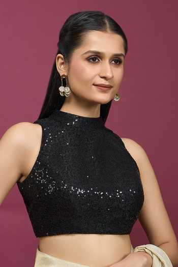 Buy_Khwaab By Sanjana Lakhani_Black Polyester Halter Neck Sequin Blouse _Online_at_Aza_Fashions