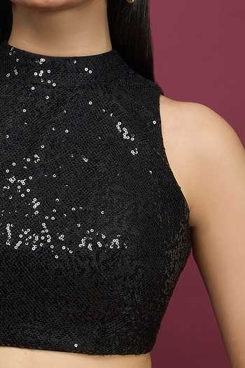 Shop_Khwaab By Sanjana Lakhani_Black Polyester Halter Neck Sequin Blouse _Online_at_Aza_Fashions