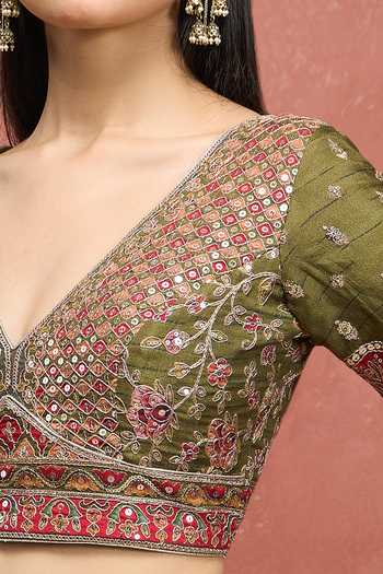 Buy_Khwaab By Sanjana Lakhani_Olive Green Silk V-neck Floral Embroidered Blouse _Online_at_Aza_Fashions