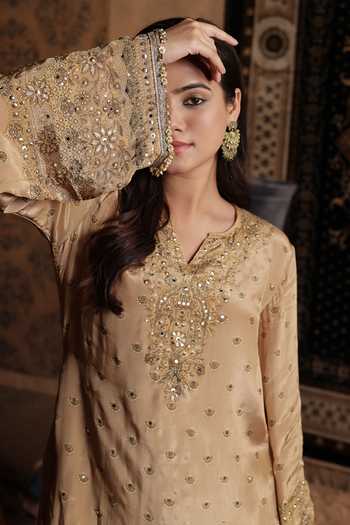 Surkh Syahi_Gold Crepe Split V-neck, Yes Embroidered Kurta Sharara Set _Online_at_Aza_Fashions