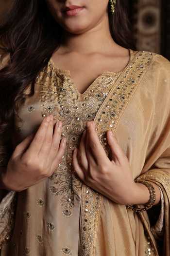 Buy_Surkh Syahi_Gold Crepe Split V-neck, Yes Embroidered Kurta Sharara Set _Online_at_Aza_Fashions