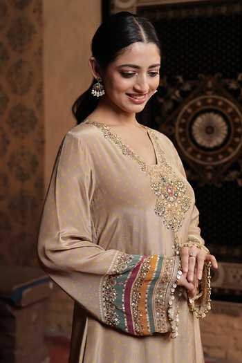 Surkh Syahi Beige Crepe V-neck Printed Kurta And Sharara Set Online at Aza Fashions Surkh Syahi_Beige Crepe V-neck Printed Kurta And Sharara Set _Online_at_Aza_Fashions