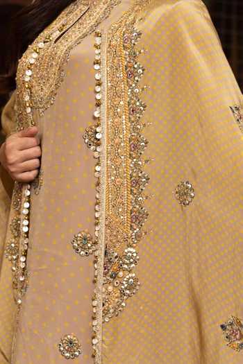 Shop Surkh Syahi Beige Crepe Round Neck Printed Cape And Kurta Set Online at Aza Fashions Shop_Surkh Syahi_Beige Crepe Round Neck Printed Cape And Kurta Set _Online_at_Aza_Fashions