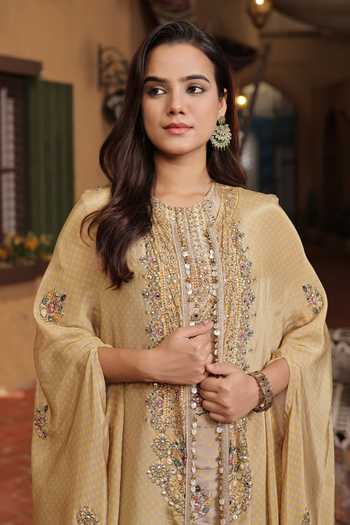 Surkh Syahi Beige Crepe Round Neck Printed Cape And Kurta Set at Aza Fashions Surkh Syahi_Beige Crepe Round Neck Printed Cape And Kurta Set _at_Aza_Fashions