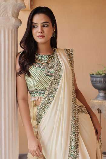 Surkh Syahi Border Embroidered Pre-Draped Saree With Blouse