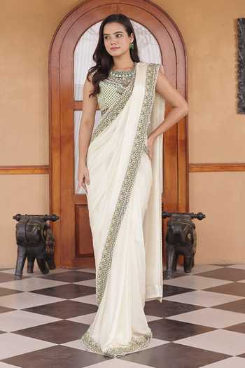Surkh Syahi Border Embroidered Pre-Draped Saree With Blouse 