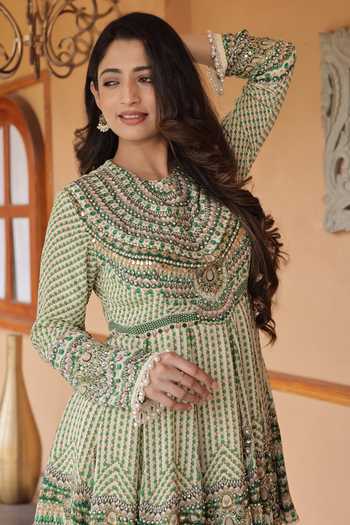 Shop_Surkh Syahi_Ivory Crepe Round Neck Printed Peplum Kurta And Sharara Set _Online_at_Aza_Fashions