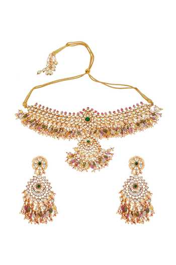 Raabta By Rahul Multicoloured Tourmaline & Sapphire Necklace Set 