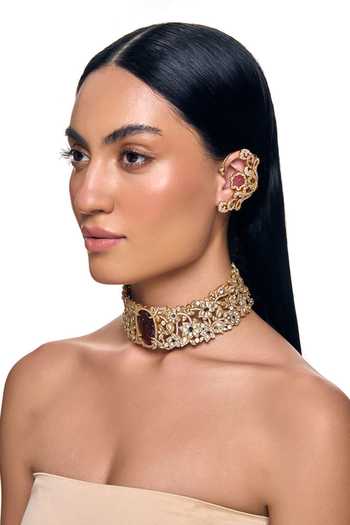 Raabta By Rahul Gold Plated Scarlet Bloom Choker With Pair Of Earcuffs Online at Aza Fashions Raabta By Rahul_Gold Plated Scarlet Bloom Choker With Pair Of Earcuffs _Online_at_Aza_Fashions