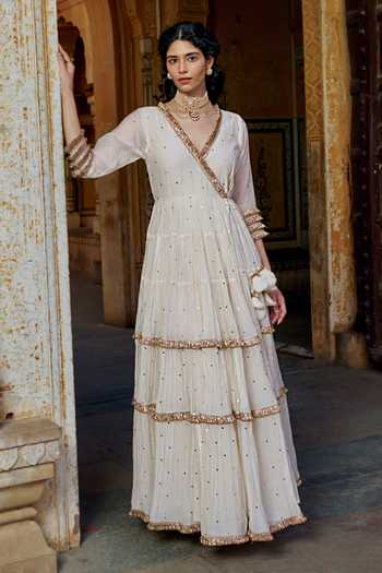 Preevin Ivory Chanderi Silk, Organza V-neck Mukaish Work Angarkha With Dupatta at Aza Fashions Preevin_Ivory Chanderi Silk, Organza V-neck Mukaish Work Angarkha With Dupatta _at_Aza_Fashions