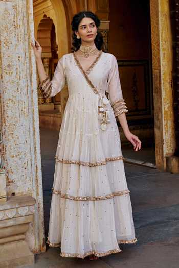 Buy Preevin Ivory Chanderi Silk, Organza V-neck Mukaish Work Angarkha With Dupatta Buy_Preevin_Ivory Chanderi Silk, Organza V-neck Mukaish Work Angarkha With Dupatta