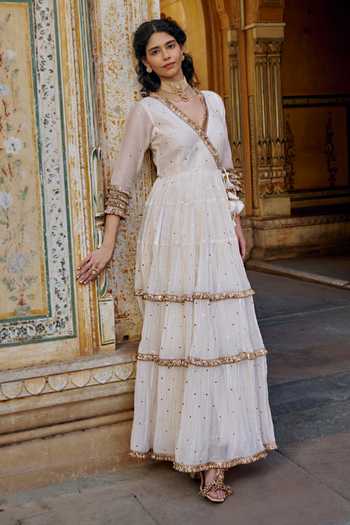 Shop Preevin Ivory Chanderi Silk, Organza V-neck Mukaish Work Angarkha With Dupatta Shop_Preevin_Ivory Chanderi Silk, Organza V-neck Mukaish Work Angarkha With Dupatta