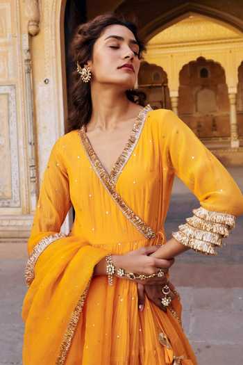 Preevin Orange Organza, Chanderi Silk V-neck Saffron Tiered Angrakha With Dupatta Online at Aza Fashions Preevin_Orange Organza, Chanderi Silk V-neck Saffron Tiered Angrakha With Dupatta _Online_at_Aza_Fashions