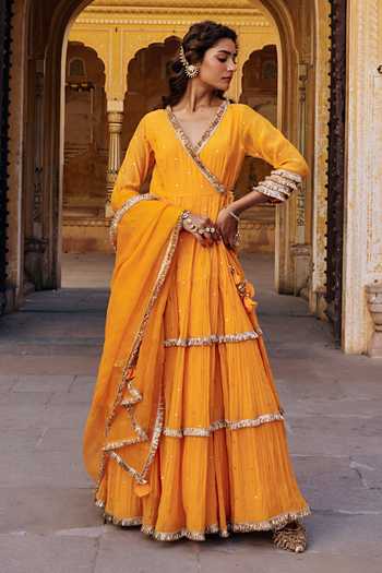 Shop Preevin Orange Organza, Chanderi Silk V-neck Saffron Tiered Angrakha With Dupatta at Aza Fashions Shop_Preevin_Orange Organza, Chanderi Silk V-neck Saffron Tiered Angrakha With Dupatta _at_Aza_Fashions