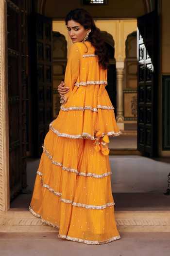 Preevin_Orange Organza, Chanderi Silk Round Neck Mukaish Work Peplum Kurta Set _Online_at_Aza_Fashions