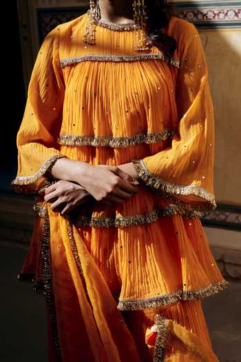 Preevin_Orange Organza, Chanderi Silk Round Neck Mukaish Work Peplum Kurta Set _at_Aza_Fashions