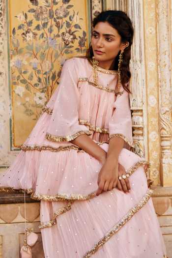Buy Preevin Pink Organza, Chanderi Silk Boat Neck Tiered Peplum Kurta Sharara Set Online at Aza Fashions Buy_Preevin_Pink Organza, Chanderi Silk Boat Neck Tiered Peplum Kurta Sharara Set _Online_at_Aza_Fashions
