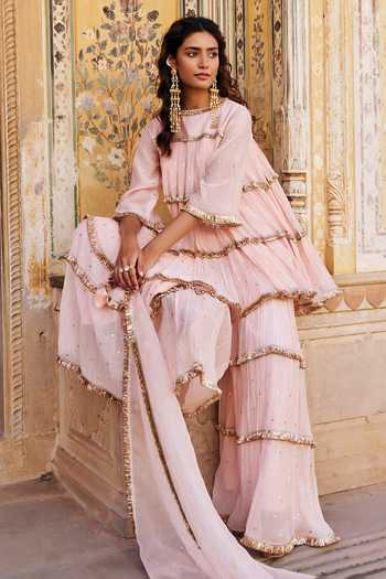 Shop Preevin Pink Organza, Chanderi Silk Boat Neck Tiered Peplum Kurta Sharara Set Online at Aza Fashions Shop_Preevin_Pink Organza, Chanderi Silk Boat Neck Tiered Peplum Kurta Sharara Set _Online_at_Aza_Fashions
