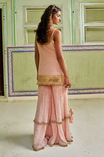 Shop Preevin Pink Organza, Chanderi Silk Square Neck, Embroidered Straight Kurta Sharara Set at Aza Fashions Shop_Preevin_Pink Organza, Chanderi Silk Square Neck, Embroidered Straight Kurta Sharara Set _at_Aza_Fashions