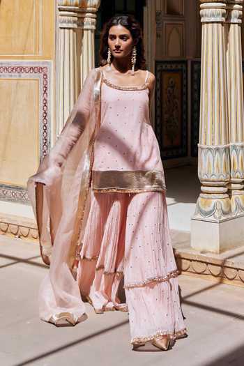 Buy Preevin Pink Organza, Chanderi Silk Square Neck, Embroidered Straight Kurta Sharara Set Online at Aza Fashions Buy_Preevin_Pink Organza, Chanderi Silk Square Neck, Embroidered Straight Kurta Sharara Set _Online_at_Aza_Fashions