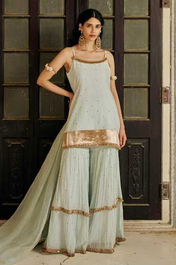 Buy Preevin Green Organza, Chanderi Silk Embroidered Spaghetti Straight Kurta Sharara Set Buy_Preevin_Green Organza, Chanderi Silk Embroidered Spaghetti Straight Kurta Sharara Set