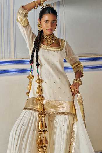 Shop_Preevin_Ivory Organza, Chanderi Silk Scoop Neck Embroidered Kurta Sharara Set 