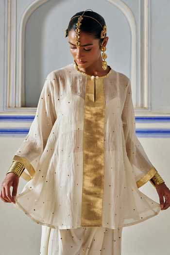 Preevin_Ivory Organza, Chanderi Silk Round Neck Embroidered A-line Kurta And Salwar Set _Online_at_Aza_Fashions