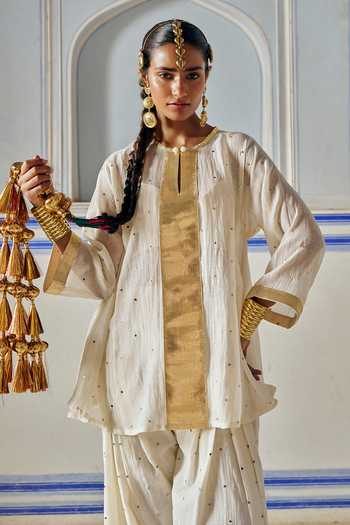 Buy_Preevin_Ivory Organza, Chanderi Silk Round Neck Embroidered A-line Kurta And Salwar Set _Online_at_Aza_Fashions