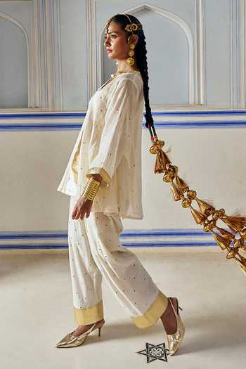 Shop_Preevin_Ivory Organza, Chanderi Silk Round Neck Embroidered A-line Kurta And Salwar Set _Online_at_Aza_Fashions