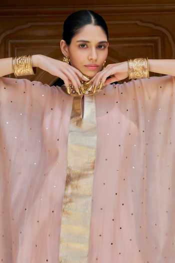 Preevin_Pink Organza, Chanderi Silk Mandarin Collar Vintage Blush Kaftan And Pant Set _Online_at_Aza_Fashions