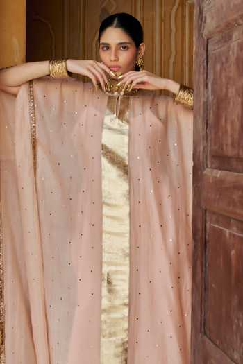 Buy_Preevin_Pink Organza, Chanderi Silk Mandarin Collar Vintage Blush Kaftan And Pant Set _Online_at_Aza_Fashions