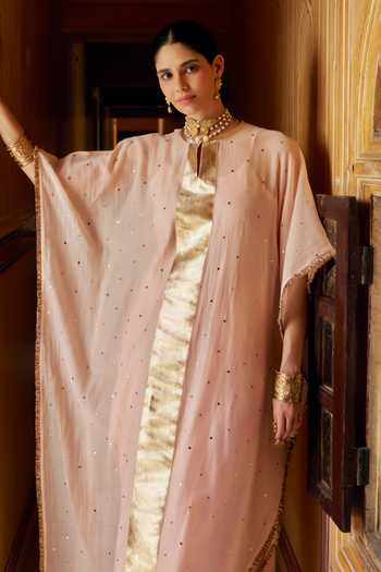 Shop_Preevin_Pink Organza, Chanderi Silk Mandarin Collar Vintage Blush Kaftan And Pant Set _Online_at_Aza_Fashions