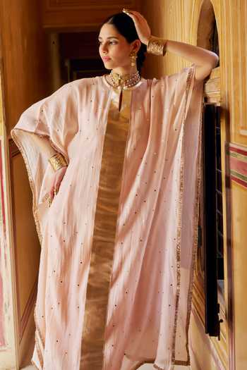 Preevin_Pink Organza, Chanderi Silk Mandarin Collar Vintage Blush Kaftan And Pant Set _at_Aza_Fashions