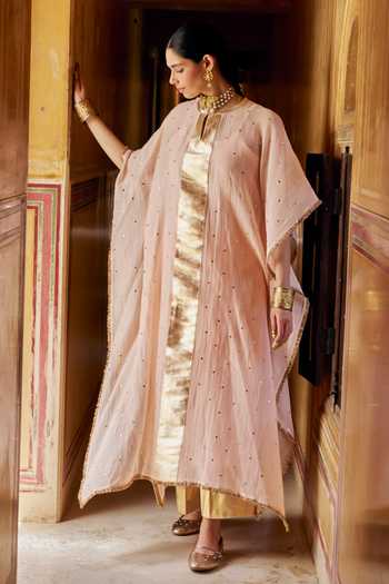 Buy_Preevin_Pink Organza, Chanderi Silk Mandarin Collar Vintage Blush Kaftan And Pant Set 
