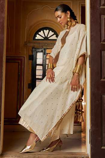 Preevin Ivory Organza, Chanderi Silk Round Neck Mukaish Work Kaftan And Pant Set Online at Aza Fashions Preevin_Ivory Organza, Chanderi Silk Round Neck Mukaish Work Kaftan And Pant Set _Online_at_Aza_Fashions