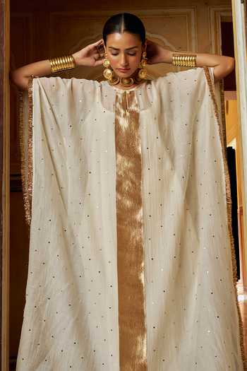 Shop Preevin Ivory Organza, Chanderi Silk Round Neck Mukaish Work Kaftan And Pant Set Online at Aza Fashions Shop_Preevin_Ivory Organza, Chanderi Silk Round Neck Mukaish Work Kaftan And Pant Set _Online_at_Aza_Fashions