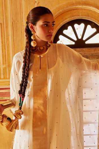 Preevin Ivory Organza, Chanderi Silk Round Neck Mukaish Work Kaftan And Pant Set at Aza Fashions Preevin_Ivory Organza, Chanderi Silk Round Neck Mukaish Work Kaftan And Pant Set _at_Aza_Fashions