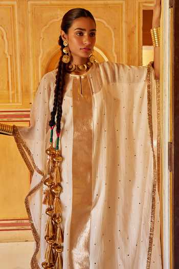 Buy Preevin Ivory Organza, Chanderi Silk Round Neck Mukaish Work Kaftan And Pant Set Buy_Preevin_Ivory Organza, Chanderi Silk Round Neck Mukaish Work Kaftan And Pant Set
