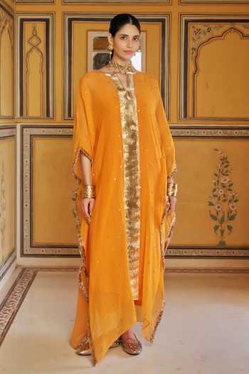 Preevin Orange Organza, Chanderi Silk V-neck Embellished Kaftan And Pant Set Online at Aza Fashions Preevin_Orange Organza, Chanderi Silk V-neck Embellished Kaftan And Pant Set _Online_at_Aza_Fashions