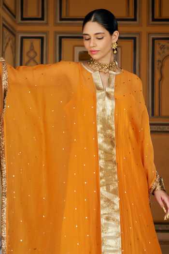 Buy Preevin Orange Organza, Chanderi Silk V-neck Embellished Kaftan And Pant Set Online at Aza Fashions Buy_Preevin_Orange Organza, Chanderi Silk V-neck Embellished Kaftan And Pant Set _Online_at_Aza_Fashions