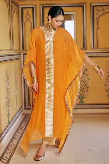 Shop Preevin Orange Organza, Chanderi Silk V-neck Embellished Kaftan And Pant Set Online at Aza Fashions Shop_Preevin_Orange Organza, Chanderi Silk V-neck Embellished Kaftan And Pant Set _Online_at_Aza_Fashions