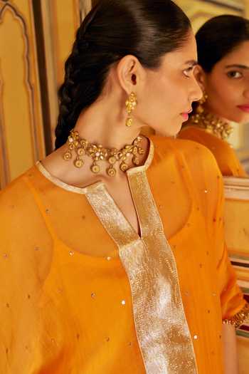 Preevin Orange Organza, Chanderi Silk V-neck Embellished Kaftan And Pant Set at Aza Fashions Preevin_Orange Organza, Chanderi Silk V-neck Embellished Kaftan And Pant Set _at_Aza_Fashions