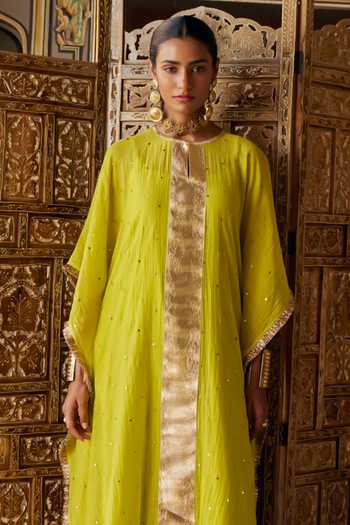 Preevin Green Organza, Chanderi Silk Round Neck Embroidered Kaftan And Pant Set Online at Aza Fashions Preevin_Green Organza, Chanderi Silk Round Neck Embroidered Kaftan And Pant Set _Online_at_Aza_Fashions