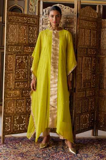 Preevin Chanderi Silk Embroidered Kaftan & Pant Set